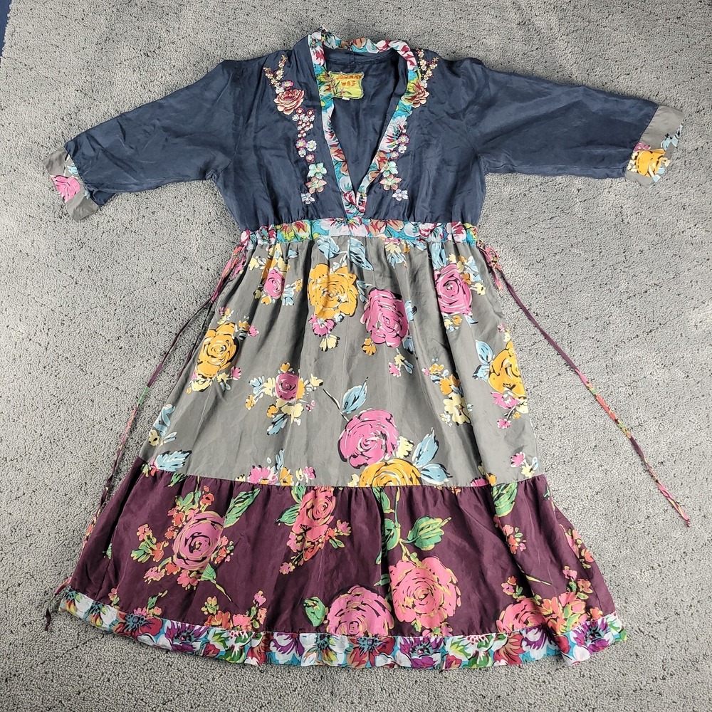 Johnny Was Dress Womens S Silk Floral Embroidered V Neck Flowy Boho Hippie
